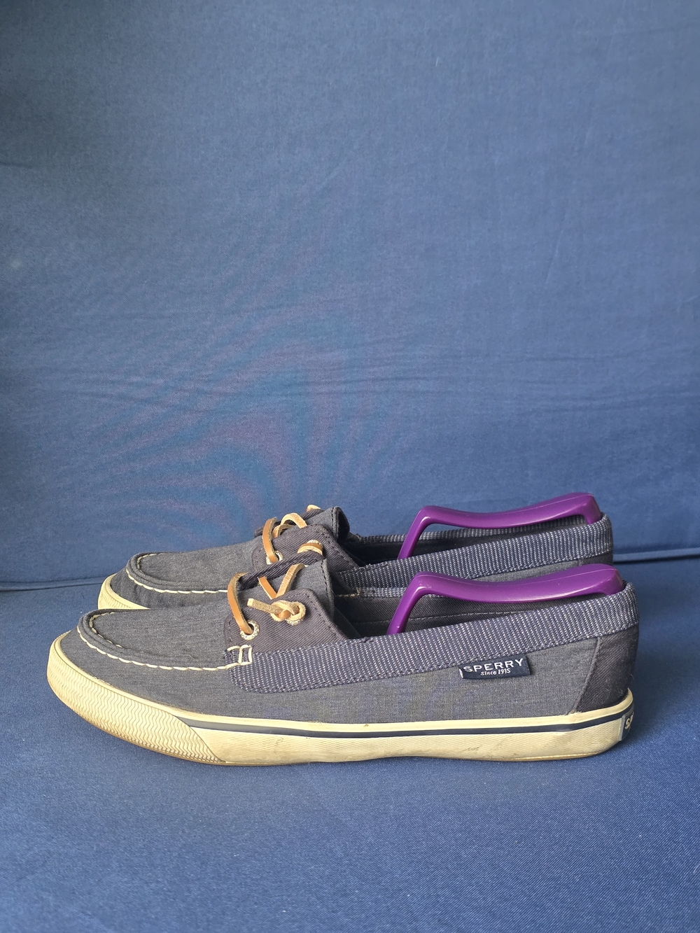 Sperry Women’s Top Sidees Canvas Boat Shoes 8 Blue Tan Laces Coastal  Preppy